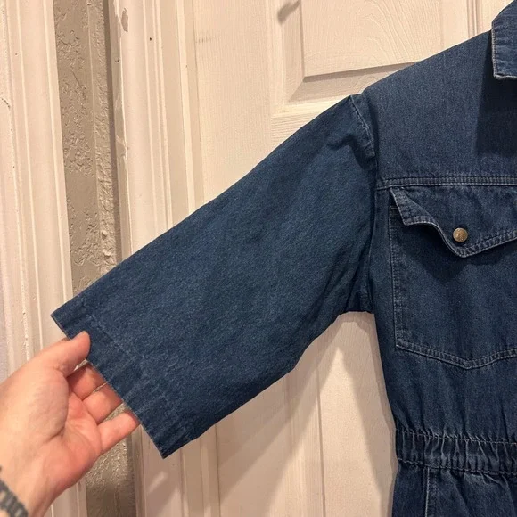 VTG IDEAS Denim Jumpsuit Women Medium Blue Wash Button Front Utility 3/4 Sleeves - Picture 3 of 11
